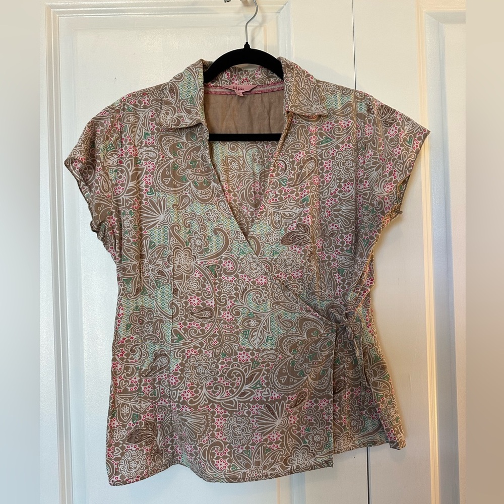 Fat Face Women’s Short Sleeve Floral Wrap Shirt Brown Green Pink (Size 12UK/8US)